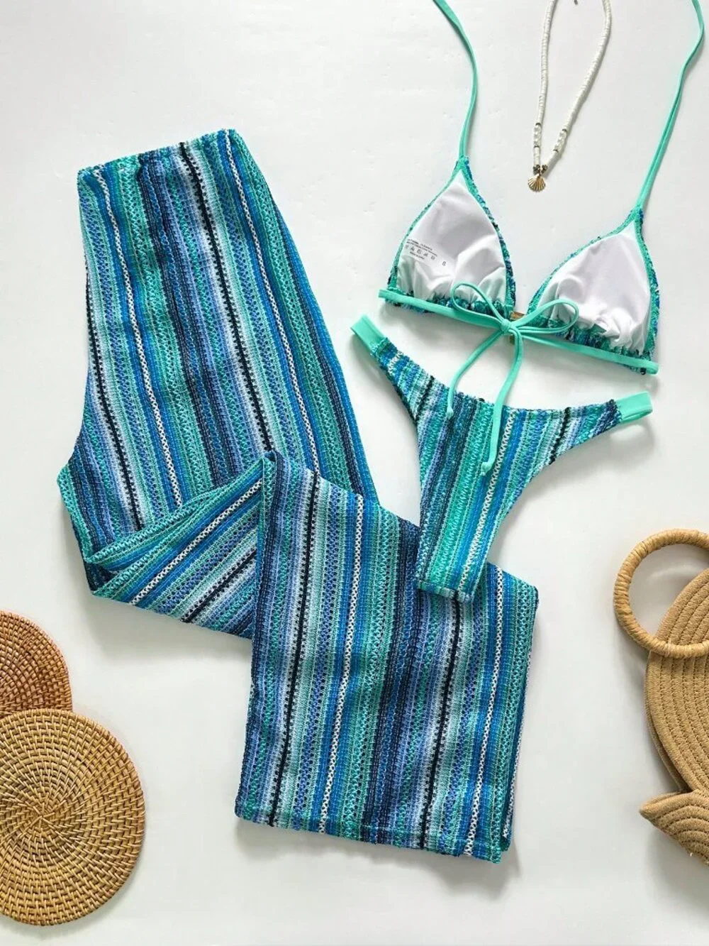 Multicolor Casual Women's Striped Bikini And Pants Set